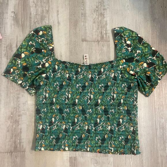 Dolan x Anthropologie Green Left Coast Smocked Puff Sleeved Top Tropical Bird XL - Picture 8 of 13